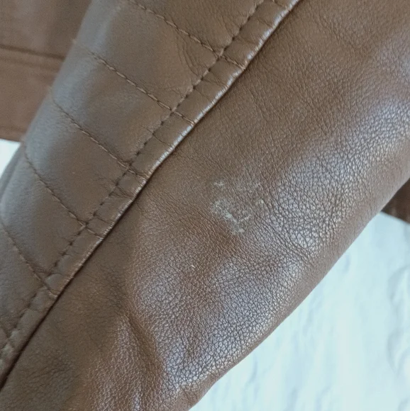 A.nd Tan Leather Moto Jacket Brown Cropped Biker Classic Heavy Cool Zippers Larg - Picture 9 of 10